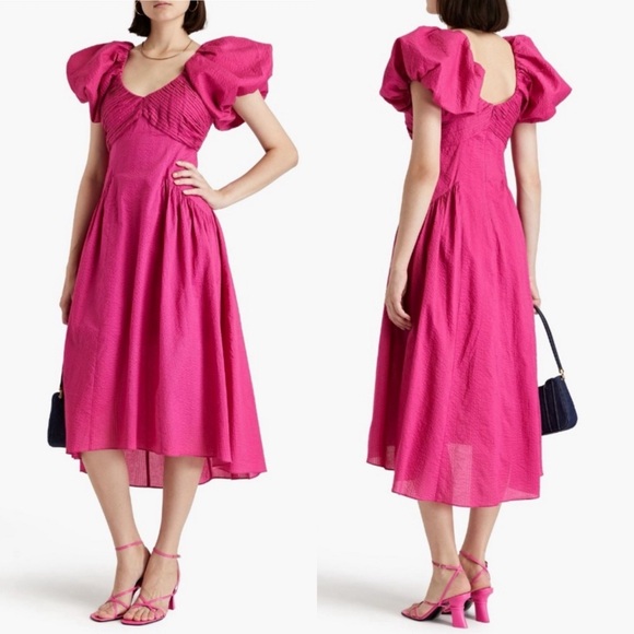 FRAME Dresses & Skirts - FRAME Pintucked Midi Dress with Puff Sleeves Fuschia Pink size Small